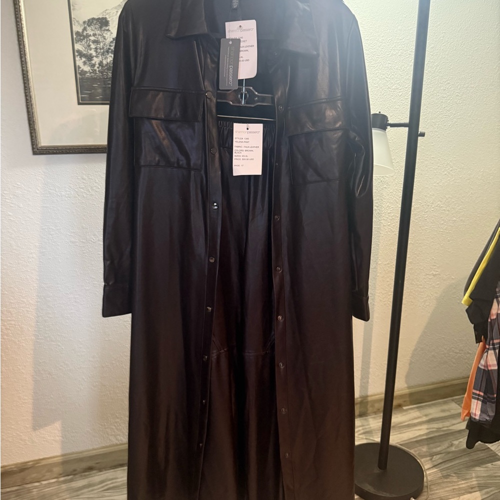 Elegant Brown/Black Faux Leather Duster Coat and Matching Pants